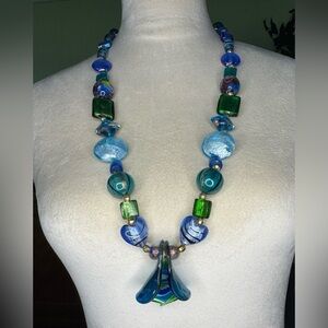 VTG Murano Multiple Shapes Aqua Glass Necklace 30”